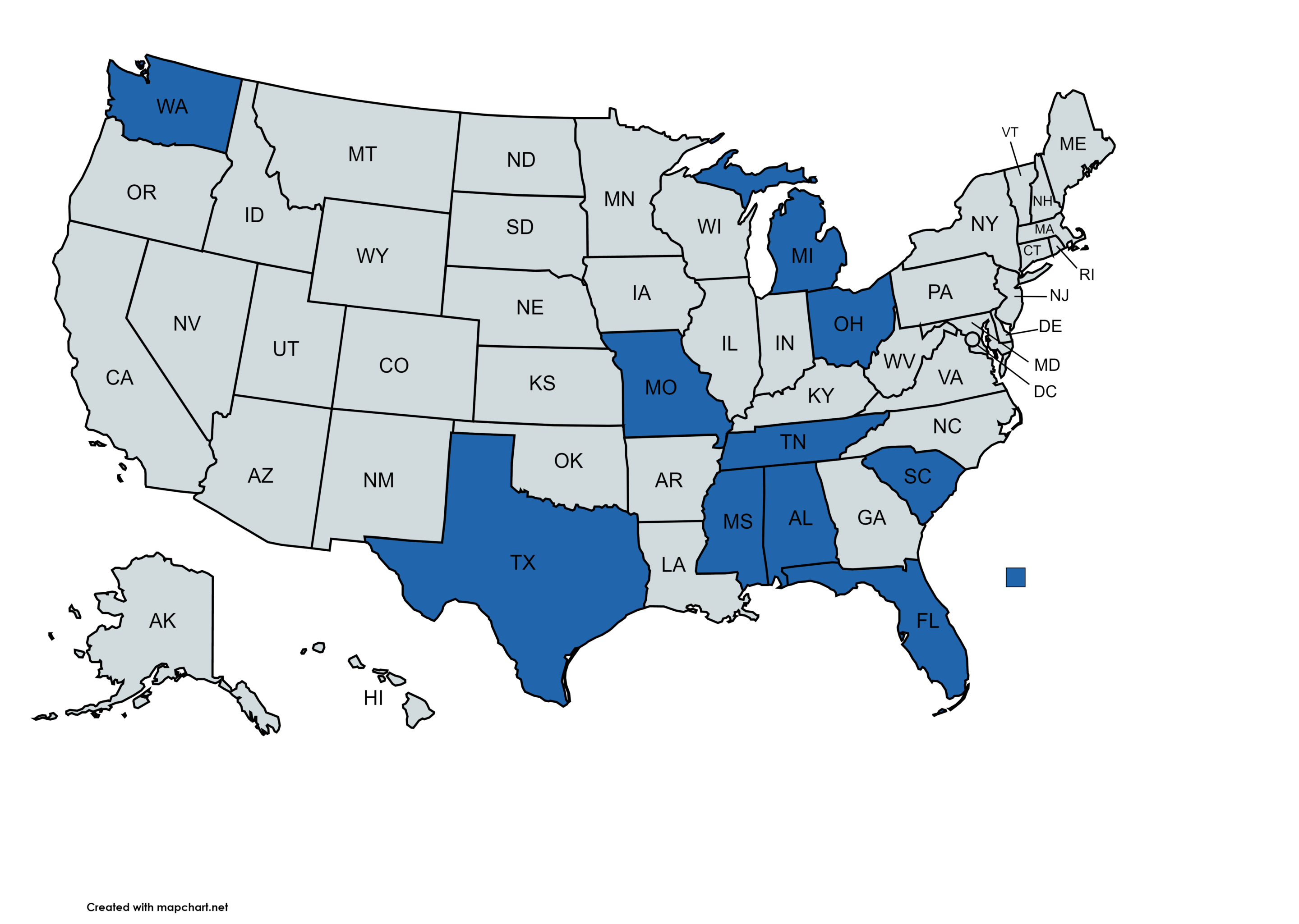 License Map Map of the United States showing states that Acuity Health Advisors is licensed in